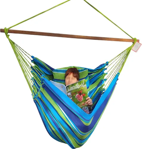 Gepolsterter Hängesessel Adriana XXXL mit 2 Kissen - Bequemer Hängesessel in XXXL mit 210 x 127 cm Sitzfläche und 140 kg Tragfähigkeit. Inklusive 2 Kissen für zusätzlichen Komfort. Handgefertigt aus 100% Baumwolle für stilvolle Entspannung.