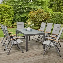 SIENA GARDEN Savina XL/Miros Garten-Essgruppe, matt graphit/grau, Alu/Teak/Texfabric/Spraystone, Tisch 180/240x90 cm, 8 Klappstühle