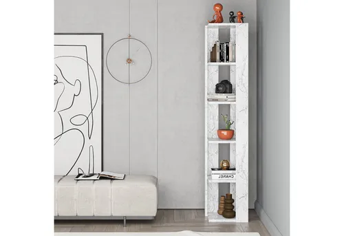 HOCUS PICUS Bücherregal mit 5 Etagen - Weißer Marmoreffekt - Bücherregal in elegantem Design, ideal für Wohnzimmermöbel. Robuste Bauweise und einfache Montage für eine stressfreie Einrichtung.