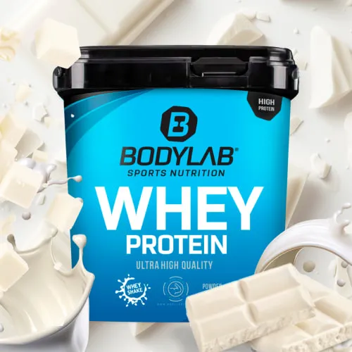 Bodylab24 Whey Protein Pulver - Weiße Schokolade, 1kg - Molkenprotein mit bis zu 80% Eiweiß, ideal zur Unterstützung beim Muskelaufbau nach dem Training. Perfekte Löslichkeit in Milch und Wasser, ohne Aspartam.