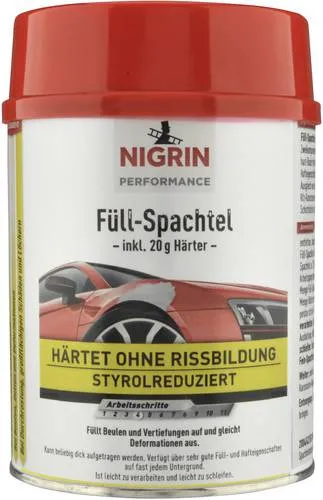Nigrin Spachtelmasse 72111, 2K Füllspachtel, hellgrau, 1000g - Schnell härtende 2K Spachtelmasse für Karosserien. Ideal für Innen- und Außenanwendungen, mit hervorragenden Füll- und Hafteigenschaften. Schleif- und überstreichbar für perfekte Ergebnisse.