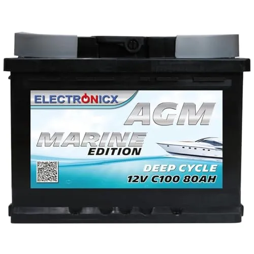 Electronicx AGM Batterie 80AH Marine Edition - 12V für Boote, Wohnmobile & Solar - Die Electronicx AGM Batterie 80AH Marine Edition bietet zuverlässige Energie für Boote, Wohnmobile und Solaranlagen. Wartungsfrei, auslaufsicher und schnellladefähig – ideal für mobile Einsätze!