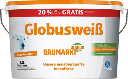 Globusweiß Wandfarbe Matt 12 L für Innenräume - Hochwertige Innenfarbe in elegantem Weiß, matt. Ideal für ein modernes Ambiente. Leichte Anwendung und hohe Deckkraft für ein perfektes Ergebnis.