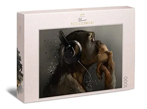 Ulmer Puzzleschmiede - Puzzle „Sound of Evolution“ - Klassisches 1000 Teile Puzzle – Kunst-Motiv AFFE mit Musik-Kopfhörer - modernes künstlerisches Tier-Puzzle