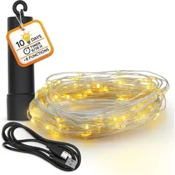 Akku Draht Lichterkette USB aufladbar - 100 LED auf 10m für stimmungsvolle Weihnachtsbeleuchtung - Weihnachtsbeleuchtung mit 100 warm weißen LEDs auf 10m, bis zu 10 Tage Leuchtdauer, 8 Funktionen und Timer. Ideal für Innen- und Außendekoration mit IP44 Spritzwasserschutz.