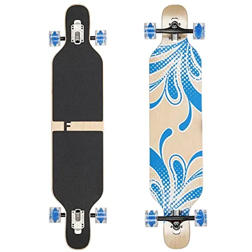 Flex1 Camber Longboard bis 122kg - Blau Blume - Das FunTomia Camber Longboard aus hochwertigem Ahornholz überzeugt mit seiner robusten Konstruktion und bietet optimale Flexibilität für Fahrer bis 122kg. Ideal für Cruising und Tricks!