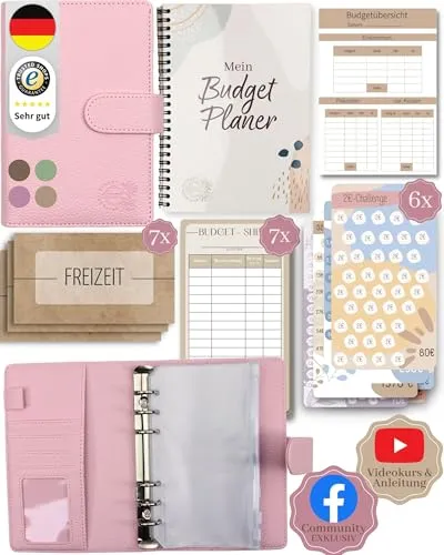 BeginnerBudget® Budget Planner Deutsch - Starterset mit Sparchallenge Budgetplaner deutsch - Sparen mit Umschlagmethode + Anleitung - Ringbuch A6 - Binder A6 Litchi-Style (Rosa (mit Budgetplaner))
