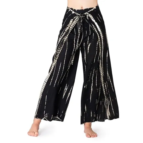 PANASIAM Sunshine Pants TieDy, Black White, M - Damen-Hosen: Luftige Wrap-Hose im einzigartigen Batik-Design aus Thailand für maximalen Komfort und Stil im Alltag und Urlaub.