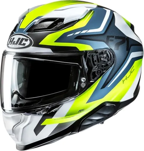 HJC Motorrad Helm L - F71 Fes, weiß-blau-fluogelb - Motorradhelm aus Fiberglas mit optimaler Belüftung und kratzfestem Visier, ideal für alle Jahreszeiten und verschiedene Aktivitäten.
