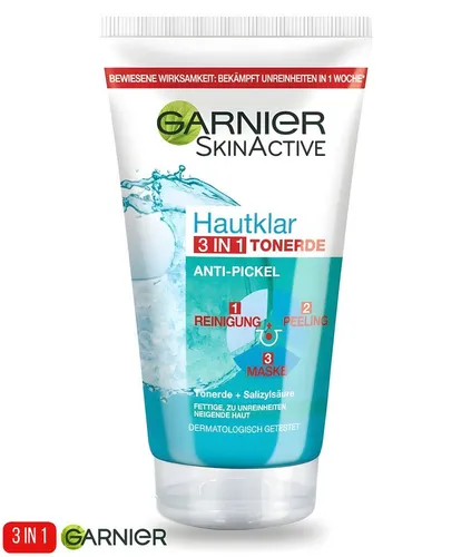 GARNIER Gesichtspflege PureActive Hautklar 3in1 Tonerde Reinigung + Peeling + Maske