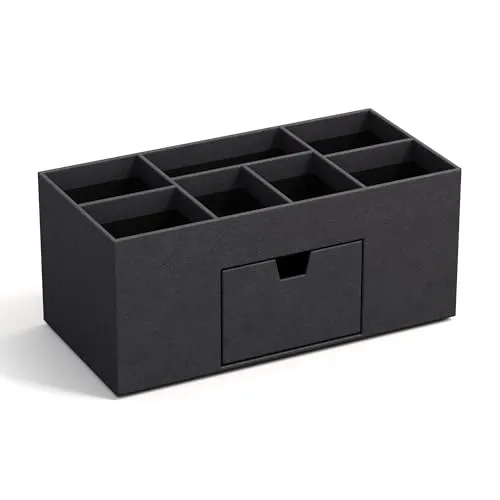 BIGSO VENDELA Schreibtisch Organizer mit 7 Fächern und Schublade – Ablagebox aus Faserplatte und Papier in Leinenoptik – Schreibtischset für Büromaterial – schwarz