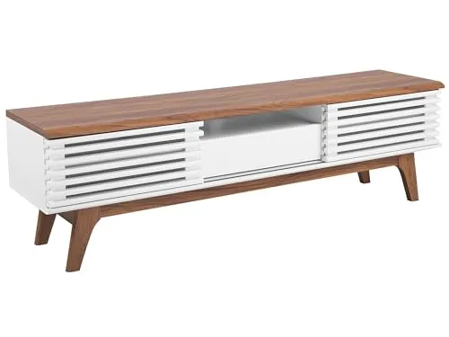Beliani Multifunktionaler Fernsehschrank Detroit - Stylischer TV-Schrank in dunklem Holzfarbton mit weißen Elementen, viel Stauraum und pflegeleichtem Material - ideal für jeden Einrichtungsstil.