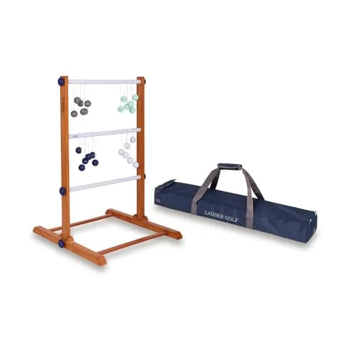 Uber Games Ladder Golf-Spielset – Hochwertiges Leiter-Gartenspiel aus Gummibaumholz – 12 Bolas-Bälle aus echtem Gold und Tragetasche und Aufbewahrungstasche aus Segeltuch