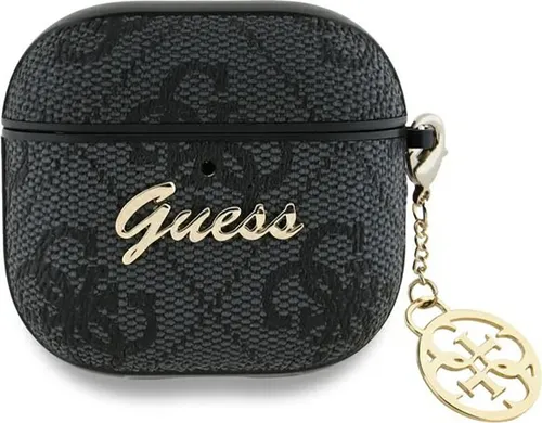 GUESS Schutzhülle für AirPods 4 - 4G Charm Collection, Schwarz - Elegante Schutzhülle für Apple AirPods 4 aus hochwertigem Kunstleder und PC-Material. Mit einzigartigem 4G-Muster und dekorativem Anhänger bietet sie stilvollen Schutz vor Kratzern und Stößen.