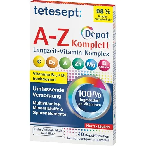 tetesept Vitamin A-Z Depot Tabletten | 1 x 40 Tabletten Depot | Nahrungsergänzungsmittel für eine umfassende Versorgung an Vitaminen, Mineralstoffen und Spurenelementen