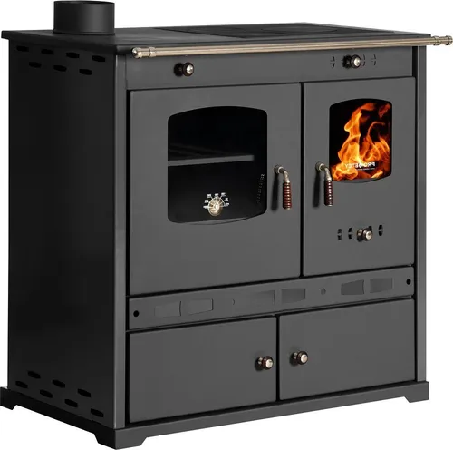 Prometey Festbrennstoffherd Perfect ECO LUX schwarz, 7,40 kW - Küchenofen mit großer Gusseisenherdplatte und einem riesigen Brennraum, ideal für effizientes Heizen und Kochen. Energieeffizienzklasse A+.