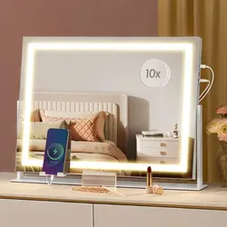 SONGMICS Schminkspiegel mit Beleuchtung - Kosmetikspiegel mit 3 Lichtfarben, Touch-Steuerung und 10X Vergrößerung für perfektes Make-up. Praktische Ladeanschlüsse und Handyhalter für ein komfortables Schminkerlebnis.