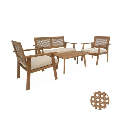 Alice's Garden Bohémia Gartengarnitur - 2-Sitzer-Sofa, 2 Sessel, 1 Couchtisch - Möbelsets aus FSC-zertifiziertem Akazienholz mit elegantem Rattangeflecht, ideal für stilvolle Outdoor-Oasen.