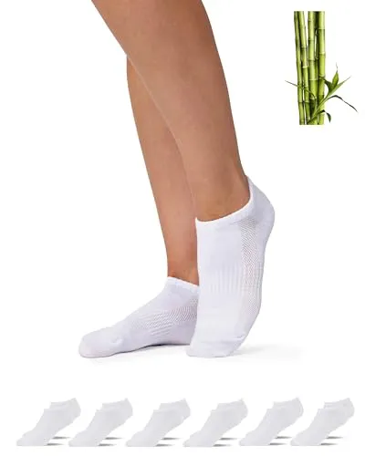 Snocks Premium Bambus Sneaker Socken 6 Paar für Herren und Damen - Weiß - Weiche und atmungsaktive Bambus Sneaker Socken für ein angenehmes Fußklima. Nahtloser Zehenbereich und sicherer Sitz für Komfort beim Sport und im Alltag. Ideal für Größen 39-42.