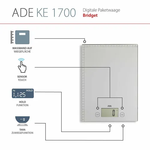 ADE digitale Paket Waage KE 1700 Bridget - Küchenwaage mit max. Wägebereich von 20 kg, präzise LCD-Anzeige und hochwertigem Edelstahl-Design – ideal für den Versand von Paketen.