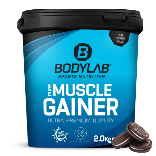 Bodylab24 Pure Muscle Gainer Cookies & Cream 2kg - Gewichtsmanagement Shakes mit 40g Protein und 33g natürlichen Kohlenhydraten pro 100g, ideal für den effektiven Masseaufbau und angereichert mit Kreatinmonohydrat.