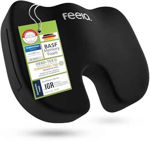 feela Sitzkissen orthopädisch - Steißbeinkissen für Stuhl und Auto, fördert Sitzkomfort und Durchblutung mit Memory-Schaum und Antirutsch-Oberfläche