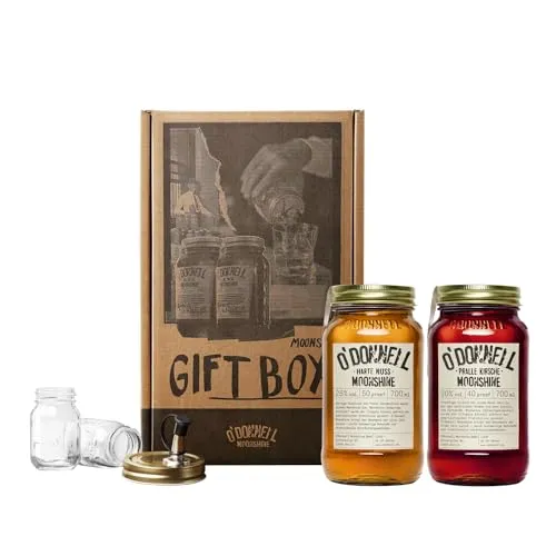 O'Donnell Moonshine Likör Geschenkset Made in Berlin – 2x Premium Cherry Kirsch-Likör & Haselnusslikör (700ml) + 2x Mason Jar Whiskey Gläser + Ausgießer (Geschenk für Männer) in Geschenkbox
