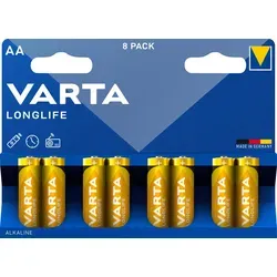 VARTA Batterien AA - 8 Stück Longlife Alkaline 1,5V, hohe Leistung und 10 Jahre Haltbarkeit, ideal für Fernbedienungen und elektronische Geräte