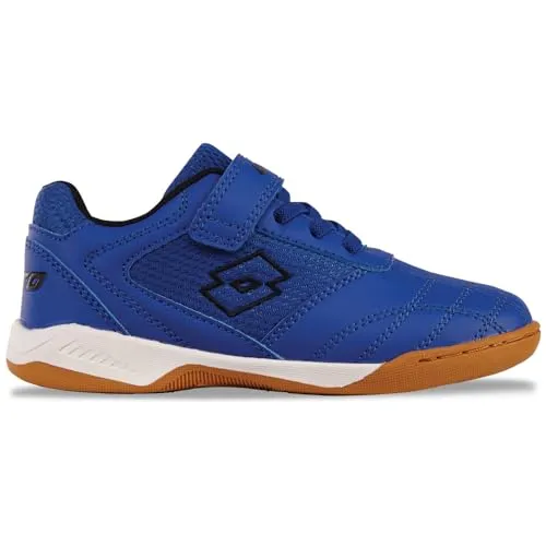 Hallenschuh LOTTO Kinder Gr. 25 - Sportlicher Sneaker in Blau - Sneaker für Kinder, ideal für Hallensport mit rutschhemmender Sohle. Der pflegeleichte Synthetik-Obermaterialmix sorgt für Leichtigkeit und Flexibilität, während der Klettverschluss das Anziehen erleichtert.