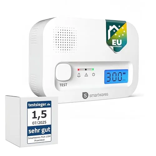 Smartwares Kohlenmonoxidmelder FGA-13041 - 10 Jahre Sensor, 1.7 Testsieger Wertung, mit Display und Testknopf für effektiven Schutz gegen CO