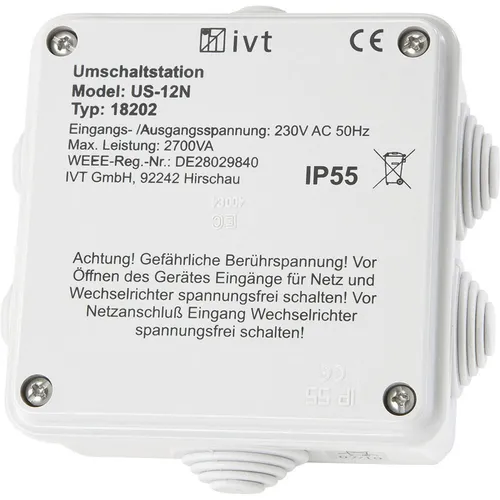 IVT Umschaltstation US-12N 2760 VA - Generatoren, ideal für Sinus Wechselrichter bis 2760 VA mit schneller Umschaltzeit von 1-2 Sekunden und Schutzart IP55.