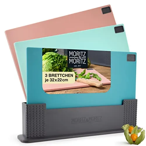 Moritz & Moritz Schneidebrett Set 3er - Hygienisches Kunststoff-Schneidebrett Set, spülmaschinengeeignet und mit Anti-Rutsch Noppen für sicheren Halt, ideal für jede Küche.