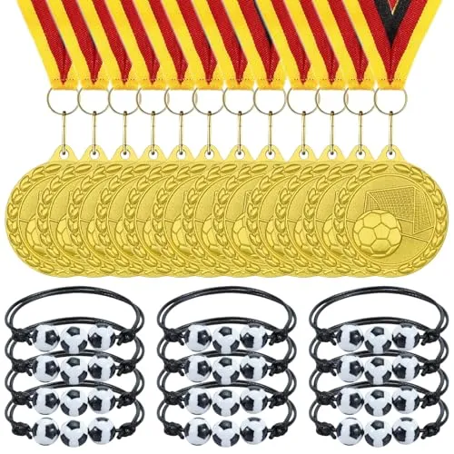 Donrime 12 Stück Medaillen Fußball, 12 Stück Fußball Armbänder Fussball Party Mitgebsel Kindergeburtstag Gastgeschenke für Kinder Junge Mädchen Geburtstagsgeschenk Geburtstag Party Zubehör