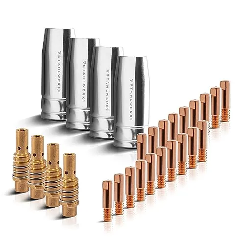 STAHLWERK MIG MAG Schweißzubehör Set 28-teilig - Hochwertiges Schweißzubehör für MIG MAG Schweißbrenner AK15/MB15, inklusive 4 Gasdüsen und 20 Stromdüsen in verschiedenen Größen. Einfache Montage ohne Spezialwerkzeug.