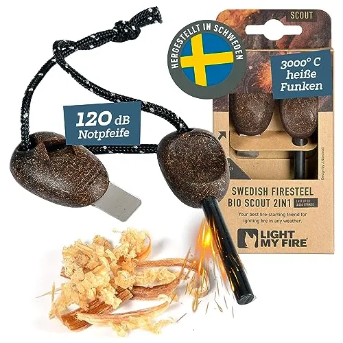 LIGHT MY FIRE Feuerstahl Outdoor Scout 2-in-1 mit Notfallpfeife, Feuerstahl Survival Gadget Feuerstein Feuerzeug, Ewiges Streichholz mit Bio-basierter Kunststoffgriff 3000 Zündungen