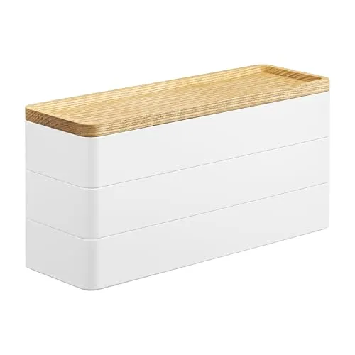 YAMAZAKI 5811 RIN 3-stöckige Accessoirebox - Dekorative Boxen & Kästen mit minimalistischem Design, drei Fächern und einem eleganten Holzdeckel, der als zusätzliche Ablage dient.