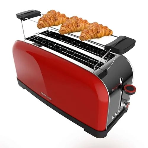 Cecotec Vertikaler Toaster Toastin Time 1500 Rot - 1500 W, 2 lange Schlitze, selbstzentrierendes System und 7 Bräunungsstufen, ideal für dicke Brote und große Backwaren