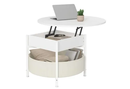 KIMENICH Höhenverstellbarer Couchtisch mit Stoffkorb in Weiß - Vielseitiger runder Couchtisch mit Lift-Top-Design für zusätzlichen Stauraum. Ideal für Wohnzimmer oder Büros, bringt er modernen Stil und Eleganz in jeden Raum.