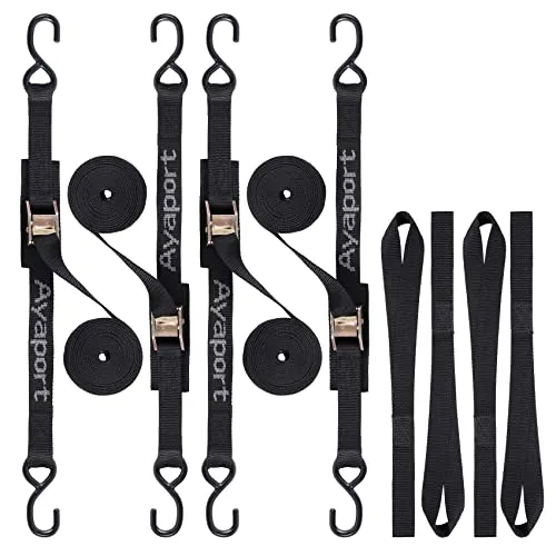 Ayaport Cam Buckle Tie Down Straps 4 x 1000kgs Break Strength Securing Straps with S Hooks for Motorcycle, Kayak, Car, Truck, Boat, Dirt Bike, Pack of 4 (1.8Mx2.5CM)
