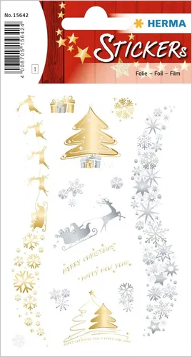 HERMA 15642 Aufkleber Weihnachtsmotive - 14 festliche Sticker in Gold und Silber, ideal für Geschenke und kreative Weihnachtsdekoration