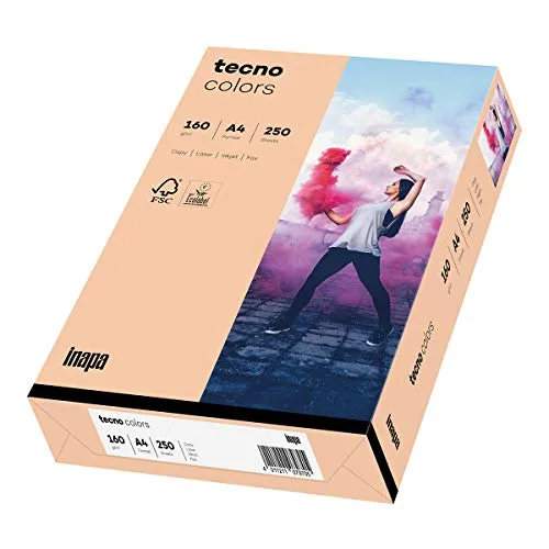inapa farbiges Druckerpapier, buntes Papier tecno Colors: 160 g/m², A4, 250 Blatt, lachs - Hochwertiges, farbiges Druckerpapier für kreative Anwendungen. Ideal für Flyer, Broschüren und Bastelprojekte. Mit geprüfter Qualität für hervorragende Druckergebnisse auf Laser- und Tintenstrahldruckern.