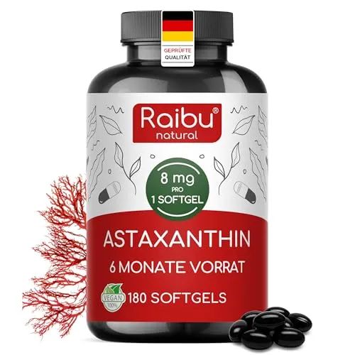 Hochdosiertes Astaxanthin - 180 Vegane Softgels mit 8 mg pro Kapsel - Vegane Astaxanthin Softgels aus Haematococcus pluvialis Algen, 6 Monate Vorrat, hohe Bioverfügbarkeit durch MCT-Öl für optimale Aufnahme, ohne Zusatzstoffe und gelatinefrei.