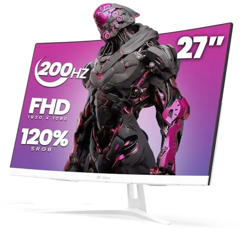 CRUA 27" Curved Gaming Monitor, FHD 1920x1080P, 200Hz Computer Monitor, 1800R VA Screen, 120% sRGB, Support AMD FreeSync, Blue Light Filter, HDMI & DP, Wall Mount Install- White