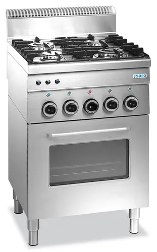 SARO Gasherd+Elektroofen+Grill G4SFE6 - Kompakte Lösung für Profiküchen: Gasherd mit Elektrobackofen und Grill, 4 leistungsstarke Brenner, inklusive Doppelkranzbrenner für vielseitige Zubereitung.