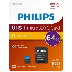 Philips Micro SDXC Karte 64GB - Ultra Pro UHS-I U3 V30 A1 Class 10, hohe Geschwindigkeit für schnelle Datenübertragungen und zuverlässige Leistung