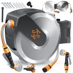 KESSER® Schlauchtrommel mit 25m Gartenschlauch - Schlauchtrommel zur Wandmontage mit automatischer Aufrollfunktion, 180° schwenkbar für maximale Flexibilität und inklusive ergonomischer 7-Funktionen Handbrause für effiziente Bewässerung.