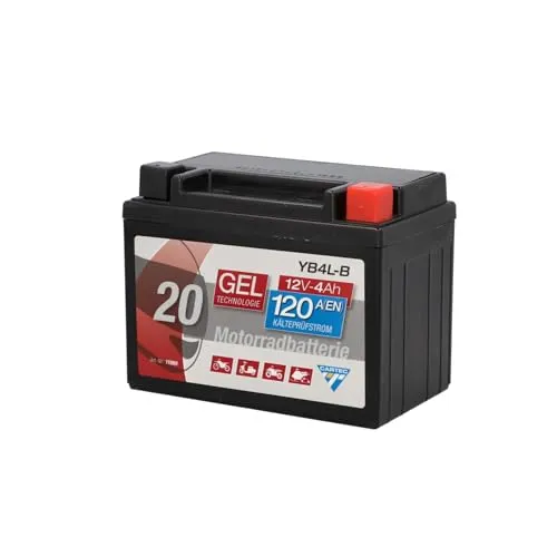 Cartec Gel Motorradbatterie YB4L-B 4Ah 120A - Motorradbatterien mit hoher Startkraft, wartungsfrei und ideal für zuverlässige Motorleistung in jedem Wetter.