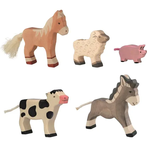 Holztiger Bauernhof-Set aus Holz – 5-teiliges Tierfiguren-Set - Entdecken Sie die liebevoll handgefertigten Holztiere: Kalb, Fohlen, Esel, Ferkel und Lamm. Jedes Stück ist ein Unikat, ideal für kreatives Spielen und fantasievolle Abenteuer. Robustes, sicheres Spielzeug aus Europa.