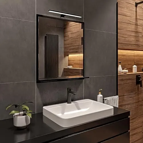 HAJDUK FURNITURE Schwarz Badspiegel mit Beleuchtung - Moderner Badezimmer Spiegel 70x60 cm mit praktischer Ablage und neutralem LED Licht (4000K) für optimale Beleuchtung und mehr Stauraum.