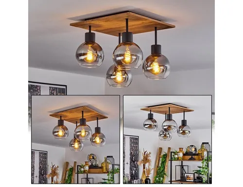 Hofstein Deckenleuchte Caronia – Moderne Deckenlampe in Schwarz/Messing/Rauchfarben - Stilvolle Deckenleuchte für den Innenbereich, ideal für Flur, Küche oder Wohnzimmer. Aus hochwertigem Metall und Glas mit 4 E27 Fassungen, perfekt zur individuellen Lichtgestaltung.